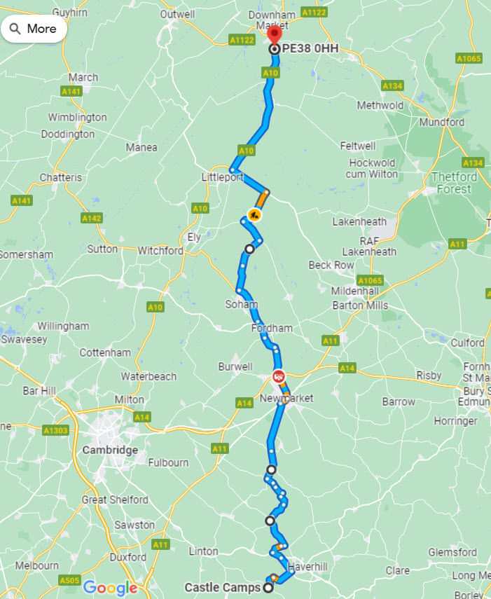 Castle Camps to Downham Market - just over 1hr drive